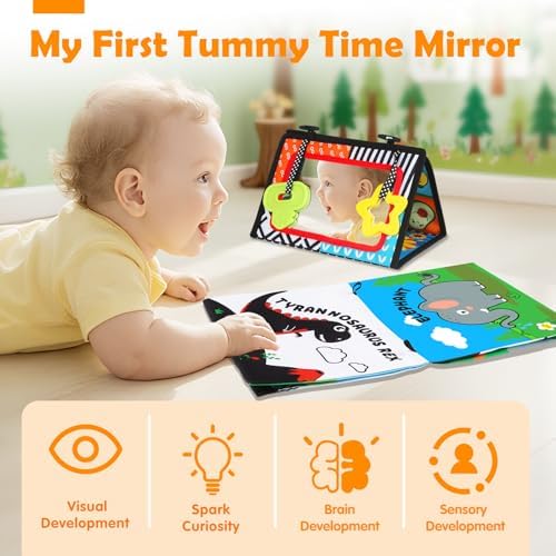 Tummy Time Toys - Black and White High Contrast Baby Toys for Newborn - Baby Mirror with Cloth Book - Montessori Infant Sensory Crinkle Toy 0 2 3 4 5 0-6 6-12 Months Boy Girl Shower Gifts