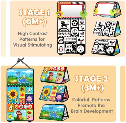 Tummy Time Toys - Black and White High Contrast Baby Toys for Newborn - Baby Mirror with Cloth Book - Montessori Infant Sensory Crinkle Toy 0 2 3 4 5 0-6 6-12 Months Boy Girl Shower Gifts