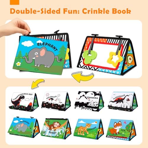 Tummy Time Toys - Black and White High Contrast Baby Toys for Newborn - Baby Mirror with Cloth Book - Montessori Infant Sensory Crinkle Toy 0 2 3 4 5 0-6 6-12 Months Boy Girl Shower Gifts