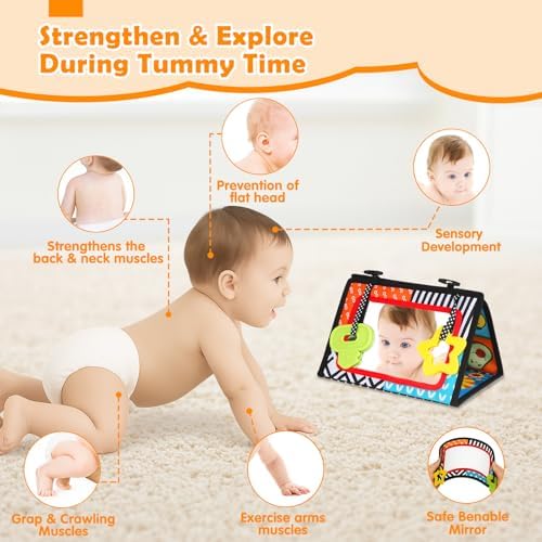 Tummy Time Toys - Black and White High Contrast Baby Toys for Newborn - Baby Mirror with Cloth Book - Montessori Infant Sensory Crinkle Toy 0 2 3 4 5 0-6 6-12 Months Boy Girl Shower Gifts