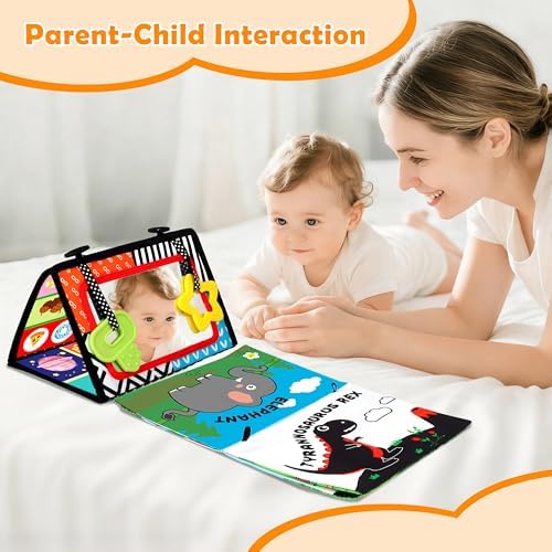 Tummy Time Toys - Black and White High Contrast Baby Toys for Newborn - Baby Mirror with Cloth Book - Montessori Infant Sensory Crinkle Toy 0 2 3 4 5 0-6 6-12 Months Boy Girl Shower Gifts