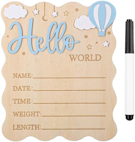 Baby Announcement Sign,Wooden Hello World Newborn Signs Birth Announcement Sign and Pen for Baby Shower Hospital Nursery Newborn Boys and Girls (Blue)