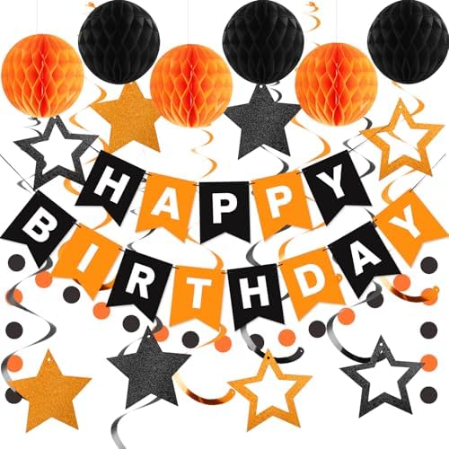 Birthday Decorations, Happy Birthday Banner with Honeycomb Balls, Star Hanging Swirl Streamers, Circle Dots Garland, Happy Birthday Party Decorations for Women Girls (Black & Orange)