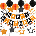 Birthday Decorations, Happy Birthday Banner with Honeycomb Balls, Star Hanging Swirl Streamers, Circle Dots Garland, Happy Birthday Party Decorations for Women Girls (Black & Orange)