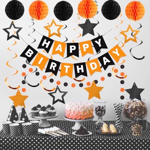 Birthday Decorations, Happy Birthday Banner with Honeycomb Balls, Star Hanging Swirl Streamers, Circle Dots Garland, Happy Birthday Party Decorations for Women Girls (Black & Orange)