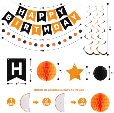Birthday Decorations, Happy Birthday Banner with Honeycomb Balls, Star Hanging Swirl Streamers, Circle Dots Garland, Happy Birthday Party Decorations for Women Girls (Black & Orange)