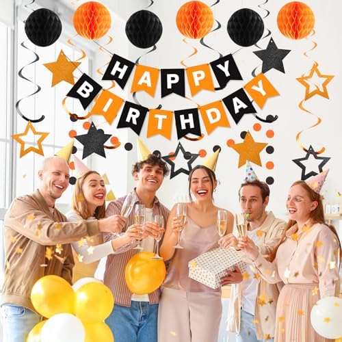 Birthday Decorations, Happy Birthday Banner with Honeycomb Balls, Star Hanging Swirl Streamers, Circle Dots Garland, Happy Birthday Party Decorations for Women Girls (Black & Orange)