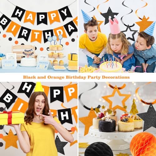 Birthday Decorations, Happy Birthday Banner with Honeycomb Balls, Star Hanging Swirl Streamers, Circle Dots Garland, Happy Birthday Party Decorations for Women Girls (Black & Orange)