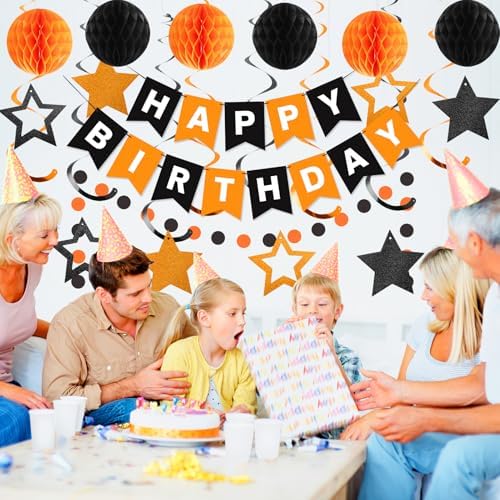 Birthday Decorations, Happy Birthday Banner with Honeycomb Balls, Star Hanging Swirl Streamers, Circle Dots Garland, Happy Birthday Party Decorations for Women Girls (Black & Orange)