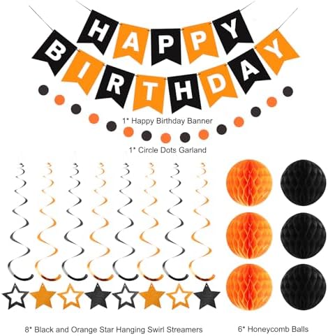 Birthday Decorations, Happy Birthday Banner with Honeycomb Balls, Star Hanging Swirl Streamers, Circle Dots Garland, Happy Birthday Party Decorations for Women Girls (Black & Orange)