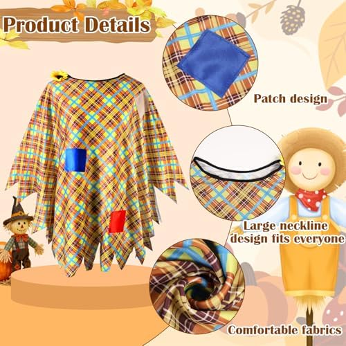 Scarecrow Costume Women with Scarecrow Hat Poncho and Face Decals Sunflowers Leaves for Halloween Thanksgiving Party