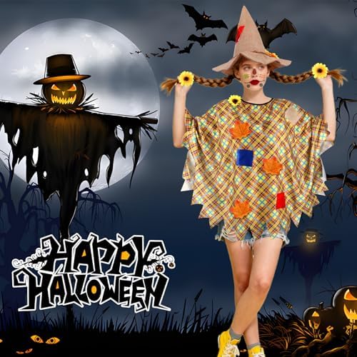 Scarecrow Costume Women with Scarecrow Hat Poncho and Face Decals Sunflowers Leaves for Halloween Thanksgiving Party