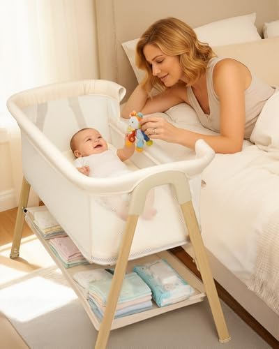 Baby Bassinet, Bedside Bassinet for Baby, Bassinet Bedside Sleeper with Mattress, Storage Basket and 4 Auto-Lock Wheels, Full-Mesh Sides, Bedside Mini Crib for Newborn (Beige)