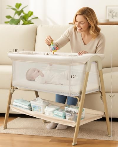 Baby Bassinet, Bedside Bassinet for Baby, Bassinet Bedside Sleeper with Mattress, Storage Basket and 4 Auto-Lock Wheels, Full-Mesh Sides, Bedside Mini Crib for Newborn (Beige)