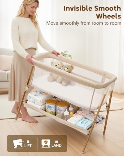 Baby Bassinet, Bedside Bassinet for Baby, Bassinet Bedside Sleeper with Mattress, Storage Basket and 4 Auto-Lock Wheels, Full-Mesh Sides, Bedside Mini Crib for Newborn (Beige)