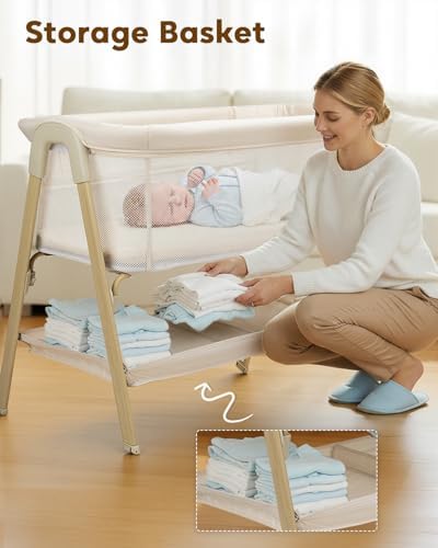 Baby Bassinet, Bedside Bassinet for Baby, Bassinet Bedside Sleeper with Mattress, Storage Basket and 4 Auto-Lock Wheels, Full-Mesh Sides, Bedside Mini Crib for Newborn (Beige)