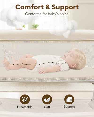 Baby Bassinet, Bedside Bassinet for Baby, Bassinet Bedside Sleeper with Mattress, Storage Basket and 4 Auto-Lock Wheels, Full-Mesh Sides, Bedside Mini Crib for Newborn (Beige)