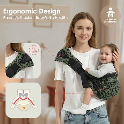Baby Sling Carrier Newborn to Toddler, Adjustable Toddler Carrier Sling Baby Carrier Toddlers Sling Carriers Hip Carriers for 8-40lbs, Green Leopard Print