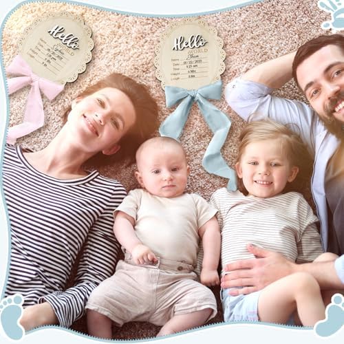 Baby Announcement Sign 7 Inch Double Sided Wooden Hello World Newborn Engraved Sign with Organza Bag Marker Pen Ink Pad Ribbon Bow for Baby Shower Hand Footprints Photo Prop (Blue Bow)