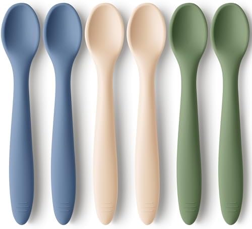 Silicone Baby Spoons, Self Feeding 6-12 months - 6-Pack Baby Weaning Eating Utensils, Toddler First Food Training Spoon, Infant, Kids Feeding Supplies Essential Set, Dishwasher-safe (Slate)