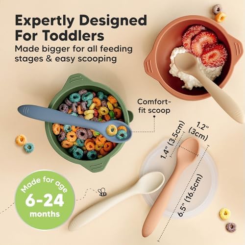 Silicone Baby Spoons, Self Feeding 6-12 months - 6-Pack Baby Weaning Eating Utensils, Toddler First Food Training Spoon, Infant, Kids Feeding Supplies Essential Set, Dishwasher-safe (Slate)
