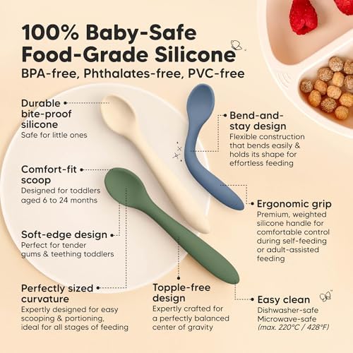 Silicone Baby Spoons, Self Feeding 6-12 months - 6-Pack Baby Weaning Eating Utensils, Toddler First Food Training Spoon, Infant, Kids Feeding Supplies Essential Set, Dishwasher-safe (Slate)