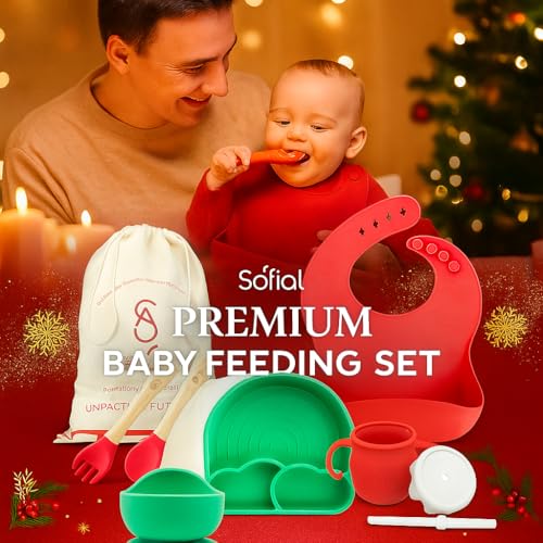 All In One Silicone Feeding Set - Safe for 6-12 Months - Non-Toxic Baby Led Weaning Supplies - Toddler Self Feeding Utensils - BPA-Free - Mess Free Essentials