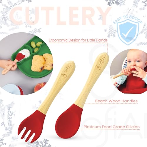 All In One Silicone Feeding Set - Safe for 6-12 Months - Non-Toxic Baby Led Weaning Supplies - Toddler Self Feeding Utensils - BPA-Free - Mess Free Essentials