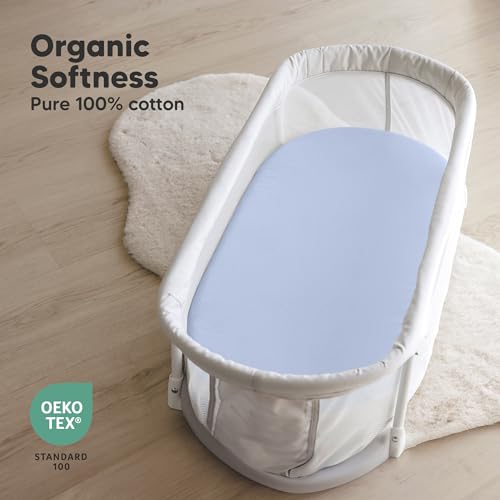 2-Pack Organic Baby Bassinet Sheets Boys, Girls - 100% Cotton Bassinet Mattress Sheets Compatible with Halo Bassinest Swivel Sleeper, Graco, Baby Delight, Universal Bassinet Fitted Sheets (Blue Flax)