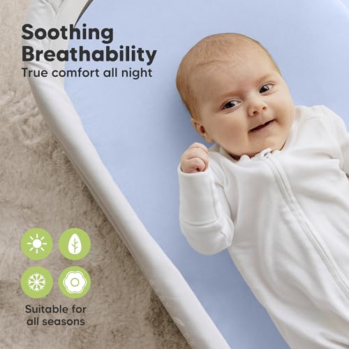 2-Pack Organic Baby Bassinet Sheets Boys, Girls - 100% Cotton Bassinet Mattress Sheets Compatible with Halo Bassinest Swivel Sleeper, Graco, Baby Delight, Universal Bassinet Fitted Sheets (Blue Flax)