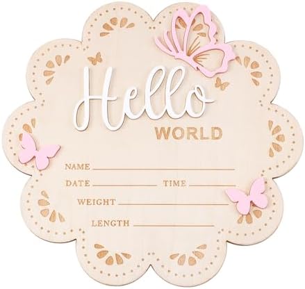 Hello World Newborn Sign, 6 Inch Pink Butterfly Baby Name Announcement Sign, Birth Announcement Signs, Wooden Baby Welcome Signs for Newborn Photo Props Babies Shower Hospital Nursery