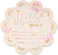 Hello World Newborn Sign, 6 Inch Pink Butterfly Baby Name Announcement Sign, Birth Announcement Signs, Wooden Baby Welcome Signs for Newborn Photo Props Babies Shower Hospital Nursery