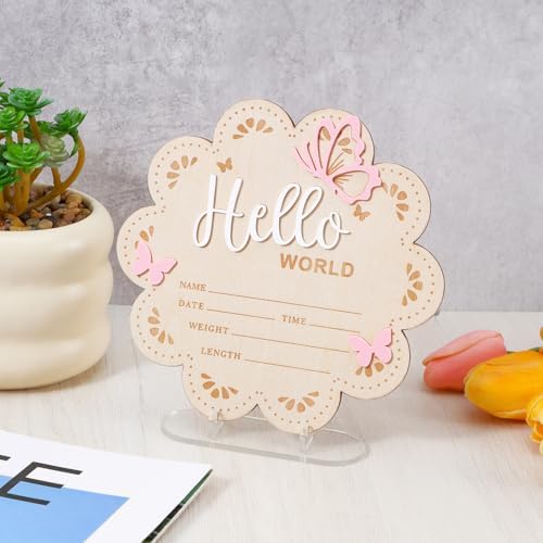 Hello World Newborn Sign, 6 Inch Pink Butterfly Baby Name Announcement Sign, Birth Announcement Signs, Wooden Baby Welcome Signs for Newborn Photo Props Babies Shower Hospital Nursery