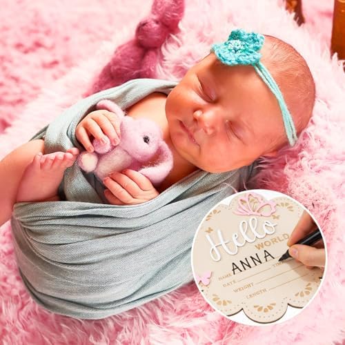 Hello World Newborn Sign, 6 Inch Pink Butterfly Baby Name Announcement Sign, Birth Announcement Signs, Wooden Baby Welcome Signs for Newborn Photo Props Babies Shower Hospital Nursery