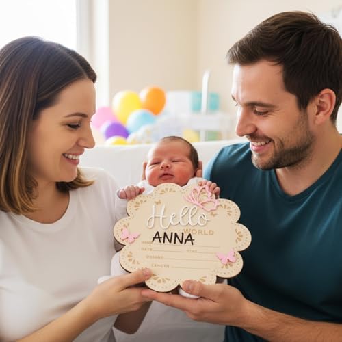 Hello World Newborn Sign, 6 Inch Pink Butterfly Baby Name Announcement Sign, Birth Announcement Signs, Wooden Baby Welcome Signs for Newborn Photo Props Babies Shower Hospital Nursery