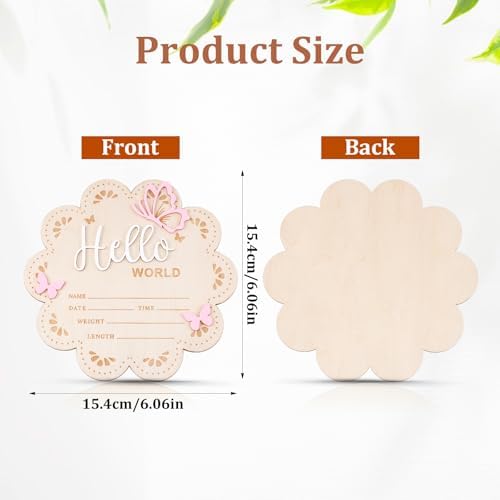 Hello World Newborn Sign, 6 Inch Pink Butterfly Baby Name Announcement Sign, Birth Announcement Signs, Wooden Baby Welcome Signs for Newborn Photo Props Babies Shower Hospital Nursery