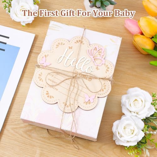 Hello World Newborn Sign, 6 Inch Pink Butterfly Baby Name Announcement Sign, Birth Announcement Signs, Wooden Baby Welcome Signs for Newborn Photo Props Babies Shower Hospital Nursery