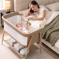 3 in 1 Bedside Bassinet Sleeper for Newborn, Portable Baby Crib with 4 Detachable Wheels & Adjustable Height, Breathable Mesh & Mattress, Mosquito Net& Storage Basket (Khaki)