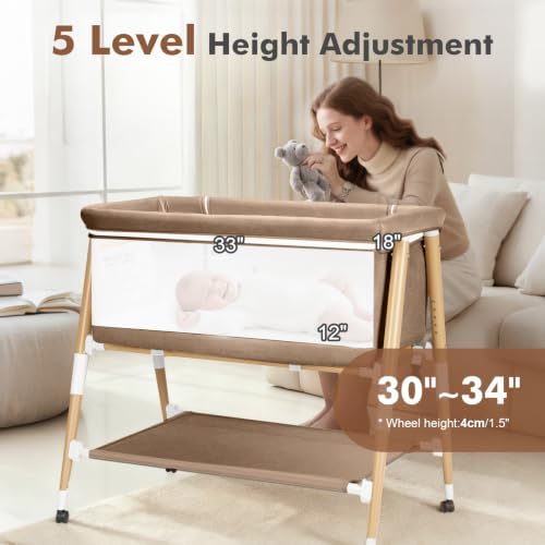 3 in 1 Bedside Bassinet Sleeper for Newborn, Portable Baby Crib with 4 Detachable Wheels & Adjustable Height, Breathable Mesh & Mattress, Mosquito Net& Storage Basket (Khaki)