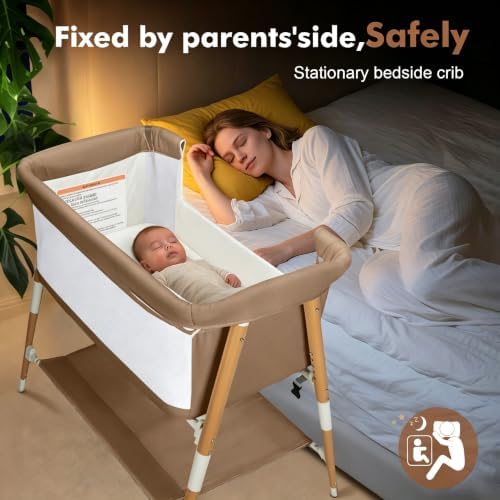 3 in 1 Bedside Bassinet Sleeper for Newborn, Portable Baby Crib with 4 Detachable Wheels & Adjustable Height, Breathable Mesh & Mattress, Mosquito Net& Storage Basket (Khaki)