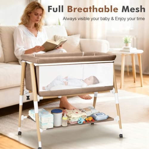 3 in 1 Bedside Bassinet Sleeper for Newborn, Portable Baby Crib with 4 Detachable Wheels & Adjustable Height, Breathable Mesh & Mattress, Mosquito Net& Storage Basket (Khaki)