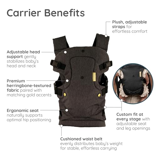 Flip Luxe 4-in-1 Convertible Baby Carrier, Ergonomic Infant to Toddler Carrier, Updated Lumbar Support, Premium Herringbone Fabric, Elevated Accents, Hands-Free Comfort, 7–35 lbs, Onyx