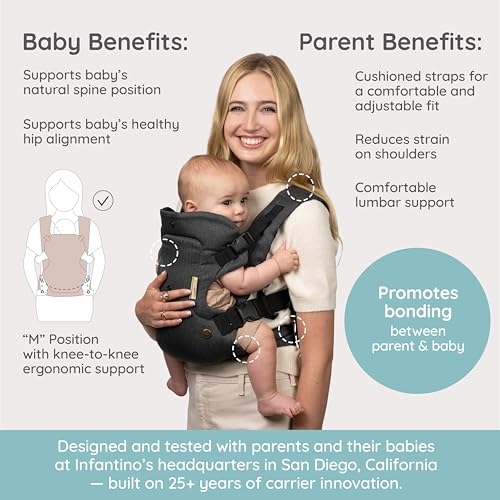 Flip Luxe 4-in-1 Convertible Baby Carrier, Ergonomic Infant to Toddler Carrier, Updated Lumbar Support, Premium Herringbone Fabric, Elevated Accents, Hands-Free Comfort, 7–35 lbs, Onyx