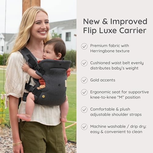 Flip Luxe 4-in-1 Convertible Baby Carrier, Ergonomic Infant to Toddler Carrier, Updated Lumbar Support, Premium Herringbone Fabric, Elevated Accents, Hands-Free Comfort, 7–35 lbs, Onyx