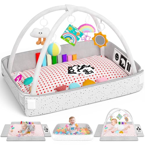 Baby Play Gym Mat Baby Toys Tummy Time Mat with 5 Detachable Toy Activity Center Newborn Infant Toy Babies Boy Girl Gifts for Babies Toys 0-3-6-12 Months Newborn Infant Babies Essentials Gift