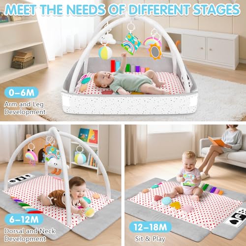 Baby Play Gym Mat Baby Toys Tummy Time Mat with 5 Detachable Toy Activity Center Newborn Infant Toy Babies Boy Girl Gifts for Babies Toys 0-3-6-12 Months Newborn Infant Babies Essentials Gift