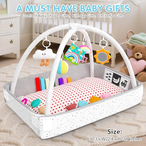 Baby Play Gym Mat Baby Toys Tummy Time Mat with 5 Detachable Toy Activity Center Newborn Infant Toy Babies Boy Girl Gifts for Babies Toys 0-3-6-12 Months Newborn Infant Babies Essentials Gift