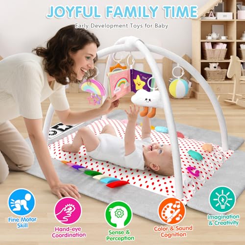 Baby Play Gym Mat Baby Toys Tummy Time Mat with 5 Detachable Toy Activity Center Newborn Infant Toy Babies Boy Girl Gifts for Babies Toys 0-3-6-12 Months Newborn Infant Babies Essentials Gift