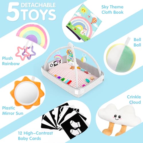 Baby Play Gym Mat Baby Toys Tummy Time Mat with 5 Detachable Toy Activity Center Newborn Infant Toy Babies Boy Girl Gifts for Babies Toys 0-3-6-12 Months Newborn Infant Babies Essentials Gift