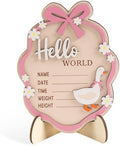 Baby Announcement Sign, Wooden Hello World Newborn Sign with Stand, 3D Pink Bow Goose Floral Name Board, Welcome Girl Birth Decorations for Hospital Nursery New Baby Shower Photo Prop Gifts